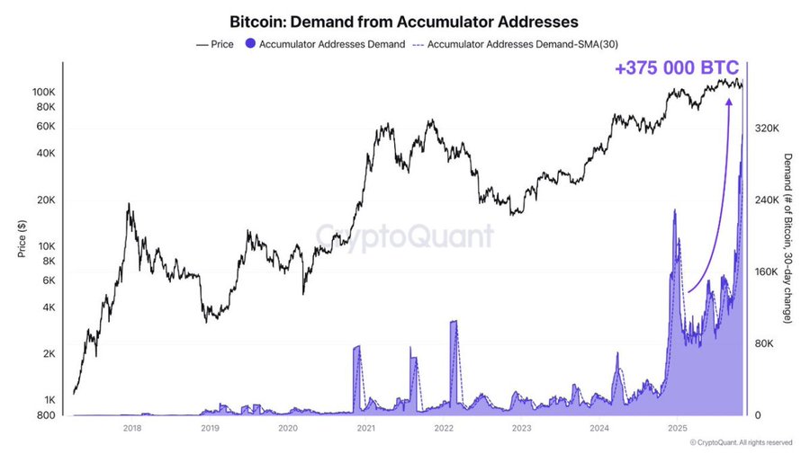 Line chart titled Bitcoin Demand from Accumulator Addresses displays two lines one in purple representing Accumulator Addresses Demand and another in black for Bitcoin price both on a dual y-axis with demand in BTC on the left from 0 to 100K and price in USD on the right from 0 to 80K x-axis shows timeline from 2018 to 2024 with spikes in demand and price notably a sharp rise in demand to over 75K BTC and price to 75K USD in late 2024 sourced from CryptoQuant
